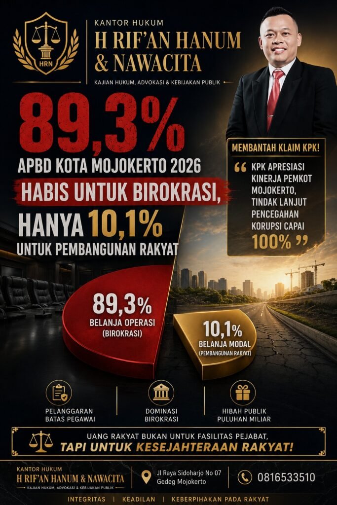 89,3% APBD Kota Mojokerto 2026 Habis untuk Birokrasi, Hanya 10,1% untuk Pembangunan Rakyat